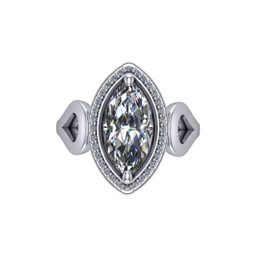 Hope marquise halo engagement ring in Platinum with squared pavé halo and open-loop split shank, top-down view of the squared halo and bezel side accents