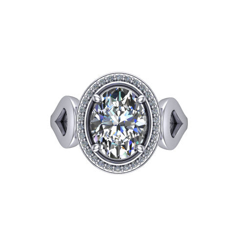 Hope oval halo engagement ring in Platinum with squared pavé halo and open-loop split shank, top-down view of the squared halo and bezel side accents