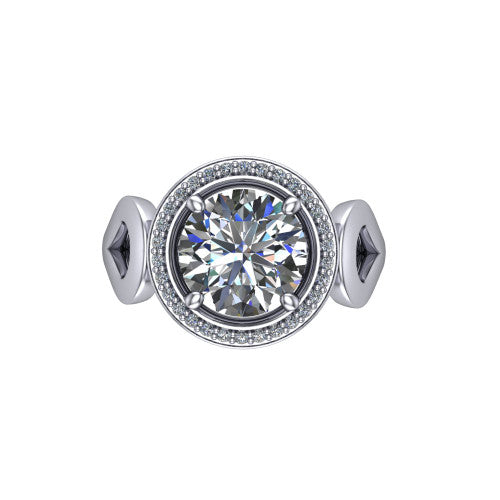 Hope round halo engagement ring in 14K White Gold with squared pavé halo and open-loop split shank, top-down view of the squared halo and bezel side accents