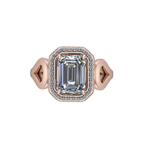 Hope emerald halo engagement ring in 18K Rose Gold with squared pavé halo and open-loop split shank, top-down view of the squared halo and bezel side accents