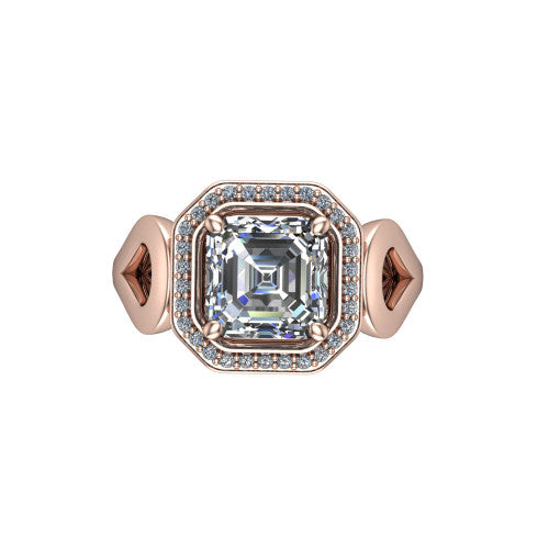 Hope asscher halo engagement ring in 18K Rose Gold with squared pavé halo and open-loop split shank, top-down view of the squared halo and bezel side accents