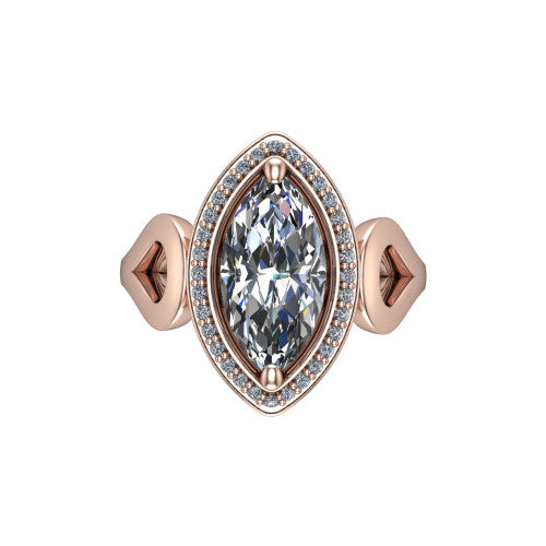 Hope marquise halo engagement ring in 18K Rose Gold with squared pavé halo and open-loop split shank, top-down view of the squared halo and bezel side accents