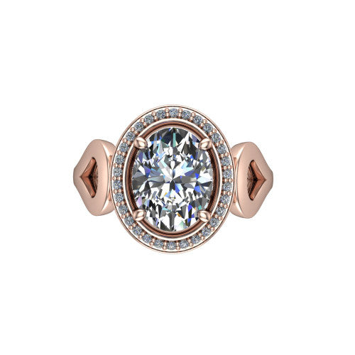 Hope oval halo engagement ring in 18K Rose Gold with squared pavé halo and open-loop split shank, top-down view of the squared halo and bezel side accents