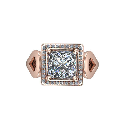Hope princess halo engagement ring in 18K Rose Gold with squared pavé halo and open-loop split shank, top-down view of the squared halo and bezel side accents