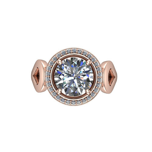 Hope round halo engagement ring in 18K Rose Gold with squared pavé halo and open-loop split shank, top-down view of the squared halo and bezel side accents