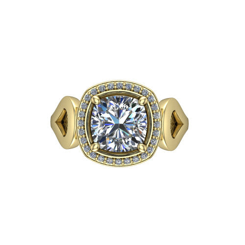 Hope cushion halo engagement ring in 18K Yellow Gold with squared pavé halo and open-loop split shank, top-down view of the squared halo and bezel side accents