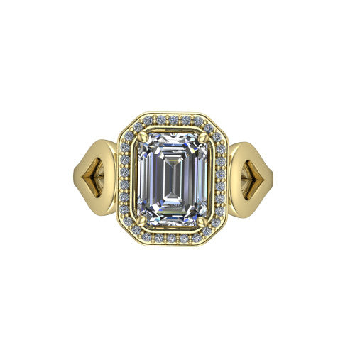 Hope emerald halo engagement ring in 18K Yellow Gold with squared pavé halo and open-loop split shank, top-down view of the squared halo and bezel side accents