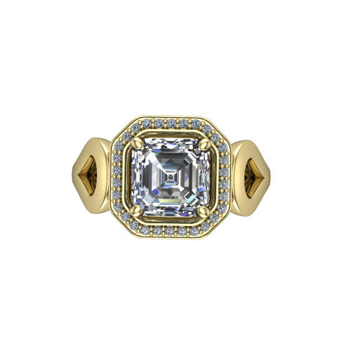 Hope asscher halo engagement ring in 18K Yellow Gold with squared pavé halo and open-loop split shank, top-down view of the squared halo and bezel side accents