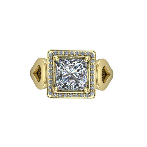Hope princess halo engagement ring in 18K Yellow Gold with squared pavé halo and open-loop split shank, top-down view of the squared halo and bezel side accents
