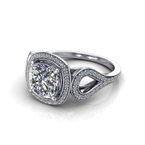 Miriam cushion halo engagement ring in 14K White Gold with squared pavé halo and open-loop split shank, three-quarter perspective view
