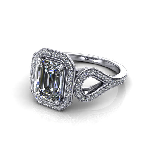 Miriam emerald halo engagement ring in 14K White Gold with squared pavé halo and open-loop split shank, three-quarter perspective view