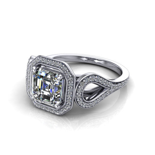 Miriam asscher halo engagement ring in 14K White Gold with squared pavé halo and open-loop split shank, three-quarter perspective view