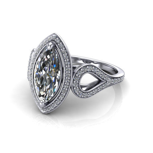 Miriam marquise halo engagement ring in 14K White Gold with squared pavé halo and open-loop split shank, three-quarter perspective view