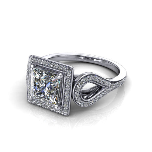 Miriam princess halo engagement ring in 14K White Gold with squared pavé halo and open-loop split shank, three-quarter perspective view