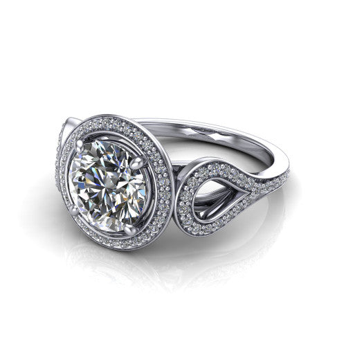 Miriam round halo engagement ring in 14K White Gold with squared pavé halo and open-loop split shank, three-quarter perspective view