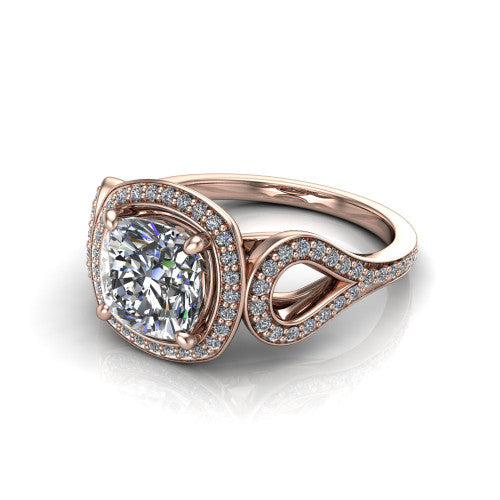 Miriam cushion halo engagement ring in 14K Rose Gold with squared pavé halo and open-loop split shank, three-quarter perspective view