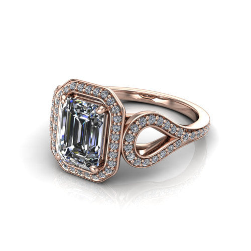 Miriam emerald halo engagement ring in 14K Rose Gold with squared pavé halo and open-loop split shank, three-quarter perspective view
