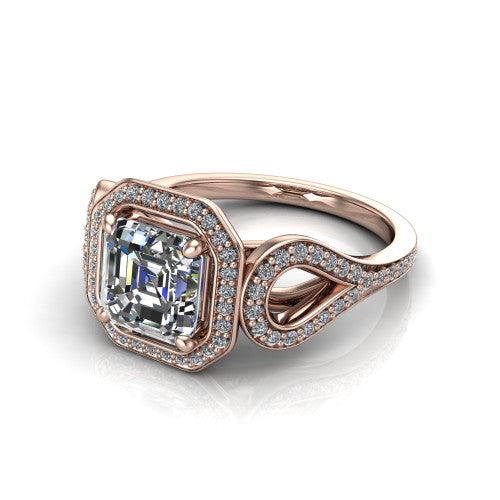 Miriam asscher halo engagement ring in 14K Rose Gold with squared pavé halo and open-loop split shank, three-quarter perspective view
