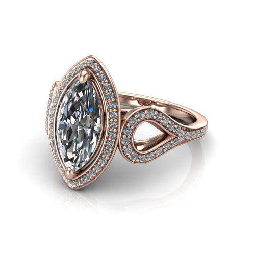 Miriam marquise halo engagement ring in 14K Rose Gold with squared pavé halo and open-loop split shank, three-quarter perspective view