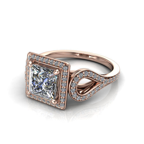 Miriam princess halo engagement ring in 14K Rose Gold with squared pavé halo and open-loop split shank, three-quarter perspective view