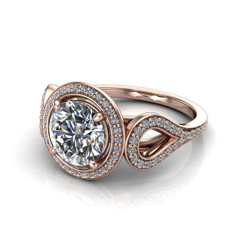 Miriam round halo engagement ring in 14K Rose Gold with squared pavé halo and open-loop split shank, three-quarter perspective view