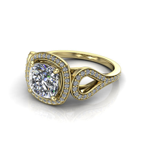 Miriam cushion halo engagement ring in 14K Yellow Gold with squared pavé halo and open-loop split shank, three-quarter perspective view