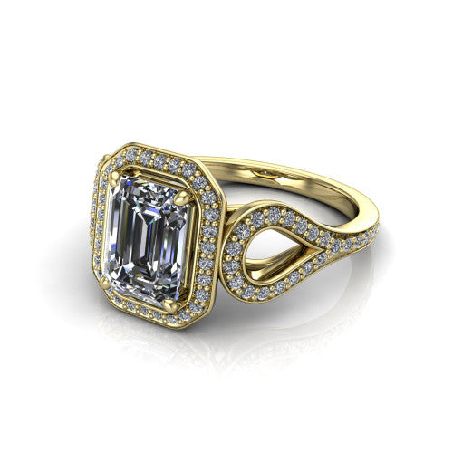 Miriam emerald halo engagement ring in 18K Yellow Gold with squared pavé halo and open-loop split shank, three-quarter perspective view