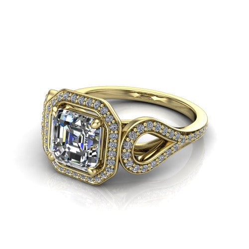 Miriam asscher halo engagement ring in 14K Yellow Gold with squared pavé halo and open-loop split shank, three-quarter perspective view