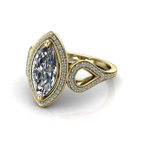 Miriam marquise halo engagement ring in 18K Yellow Gold with squared pavé halo and open-loop split shank, three-quarter perspective view