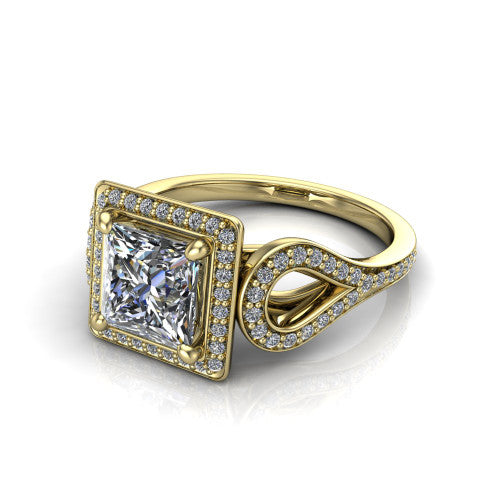 Miriam princess halo engagement ring in 14K Yellow Gold with squared pavé halo and open-loop split shank, three-quarter perspective view