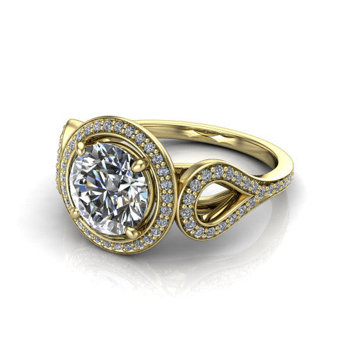 Miriam round halo engagement ring in 18K Yellow Gold with squared pavé halo and open-loop split shank, three-quarter perspective view