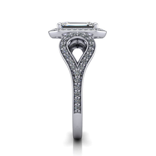 Miriam emerald halo engagement ring in 18K White Gold with squared pavé halo and open-loop split shank, side profile showing the pavé loop split shank and gallery