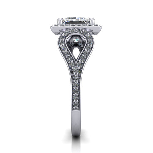 Miriam princess halo engagement ring in 18K White Gold with squared pavé halo and open-loop split shank, side profile showing the pavé loop split shank and gallery
