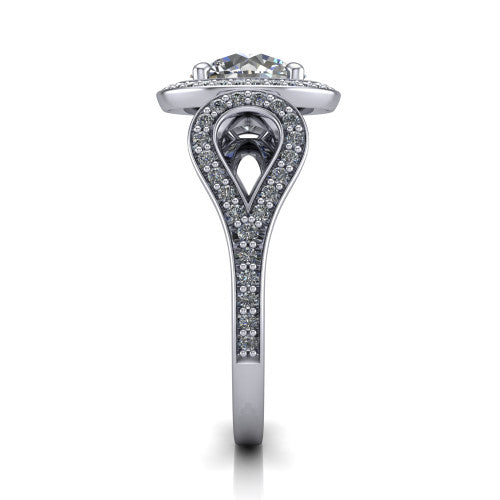 Miriam round halo engagement ring in 14K White Gold with squared pavé halo and open-loop split shank, side profile showing the pavé loop split shank and gallery