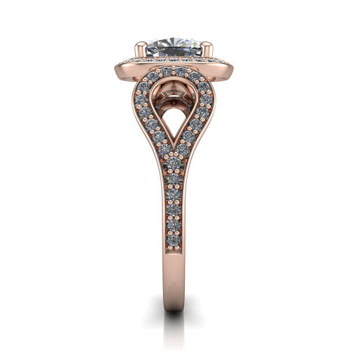Miriam cushion halo engagement ring in 14K Rose Gold with squared pavé halo and open-loop split shank, side profile showing the pavé loop split shank and gallery