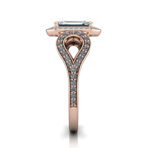Miriam emerald halo engagement ring in 18K Rose Gold with squared pavé halo and open-loop split shank, side profile showing the pavé loop split shank and gallery