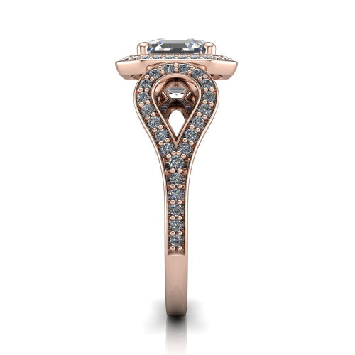 Miriam asscher halo engagement ring in 18K Rose Gold with squared pavé halo and open-loop split shank, side profile showing the pavé loop split shank and gallery