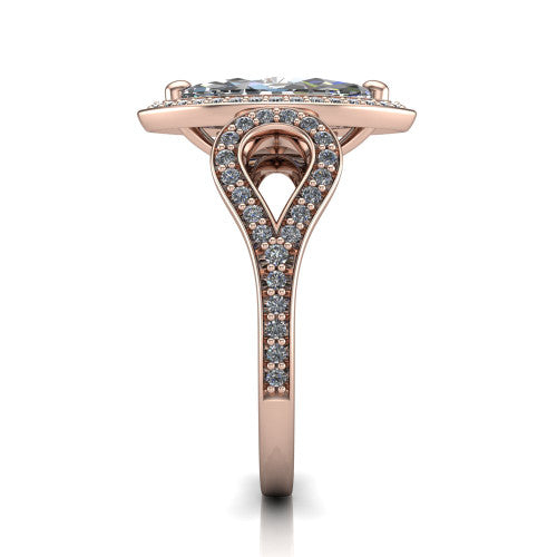 Miriam marquise halo engagement ring in 14K Rose Gold with squared pavé halo and open-loop split shank, side profile showing the pavé loop split shank and gallery