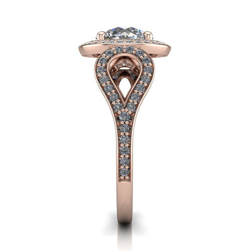 Miriam round halo engagement ring in 14K Rose Gold with squared pavé halo and open-loop split shank, side profile showing the pavé loop split shank and gallery