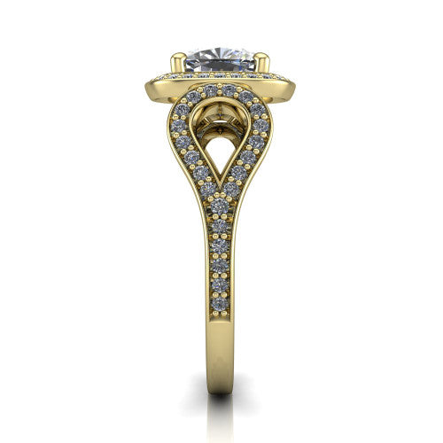 Miriam cushion halo engagement ring in 14K Yellow Gold with squared pavé halo and open-loop split shank, side profile showing the pavé loop split shank and gallery