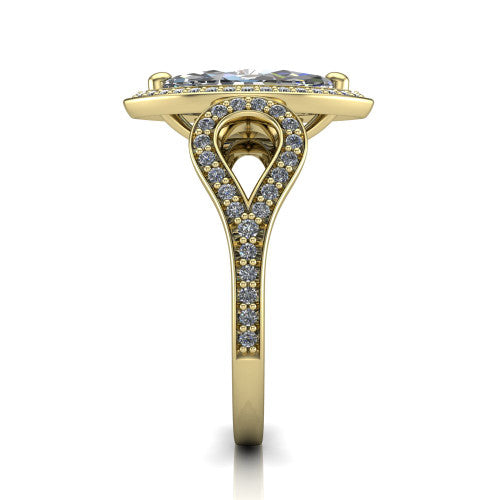 Miriam marquise halo engagement ring in 18K Yellow Gold with squared pavé halo and open-loop split shank, side profile showing the pavé loop split shank and gallery