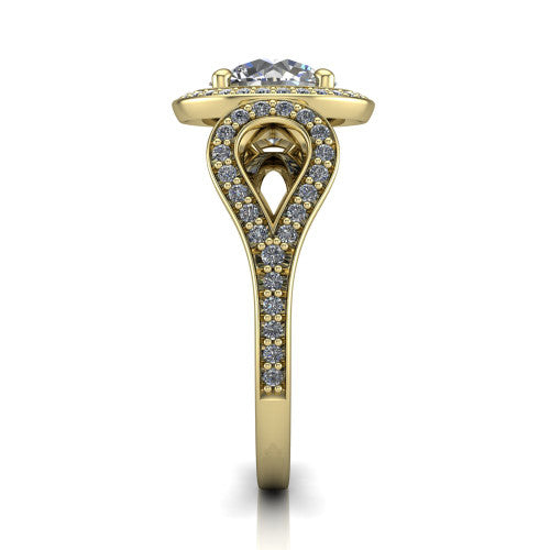 Miriam round halo engagement ring in 18K Yellow Gold with squared pavé halo and open-loop split shank, side profile showing the pavé loop split shank and gallery