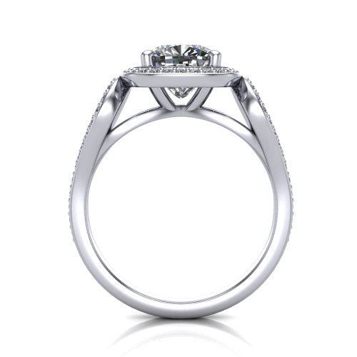 Miriam cushion halo engagement ring in 14K White Gold with squared pavé halo and open-loop split shank, through-finger front profile showing the open-loop split shank