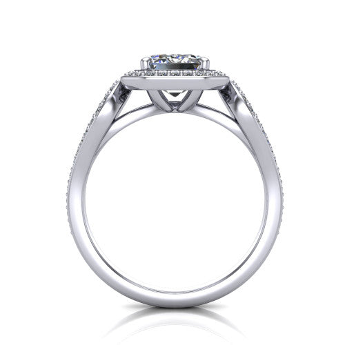 Miriam emerald halo engagement ring in 18K White Gold with squared pavé halo and open-loop split shank, through-finger front profile showing the open-loop split shank