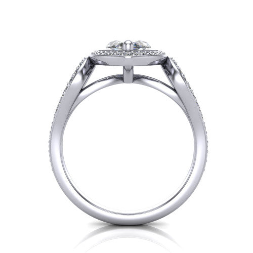 Miriam marquise halo engagement ring in Platinum with squared pavé halo and open-loop split shank, through-finger front profile showing the open-loop split shank