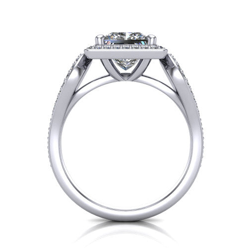 Miriam princess halo engagement ring in 18K White Gold with squared pavé halo and open-loop split shank, through-finger front profile showing the open-loop split shank