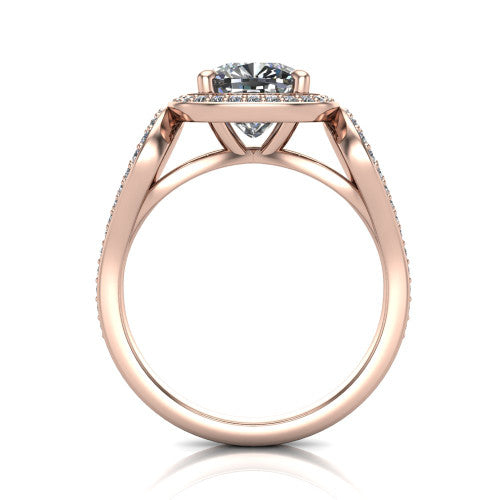 Miriam cushion halo engagement ring in 18K Rose Gold with squared pavé halo and open-loop split shank, through-finger front profile showing the open-loop split shank