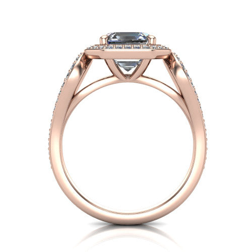 Miriam asscher halo engagement ring in 14K Rose Gold with squared pavé halo and open-loop split shank, through-finger front profile showing the open-loop split shank