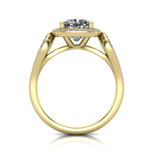 Miriam cushion halo engagement ring in 14K Yellow Gold with squared pavé halo and open-loop split shank, through-finger front profile showing the open-loop split shank