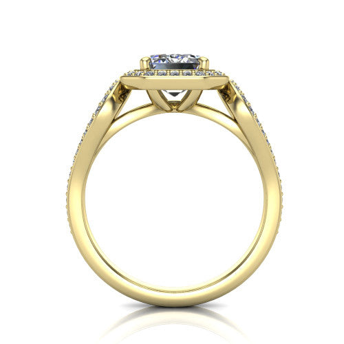 Miriam emerald halo engagement ring in 14K Yellow Gold with squared pavé halo and open-loop split shank, through-finger front profile showing the open-loop split shank